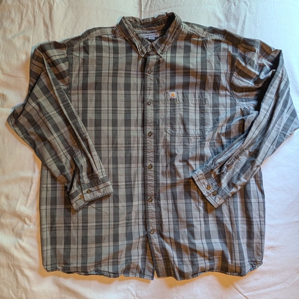 Carhartt Mens 3XL Relaxed Fit Plaid Long Sleeve Button Down Shirt Grey Charcoal